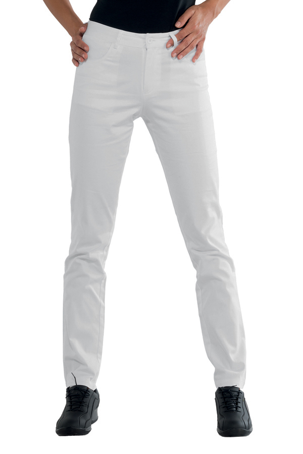 024850 Pantalone Margarita Super Stretch Bianco Isacco | Donna | 97% Cotone | 2 Tasche Frontali + 2 Tasche Posteriori Chiusura con Bottone | 210 gr/m2